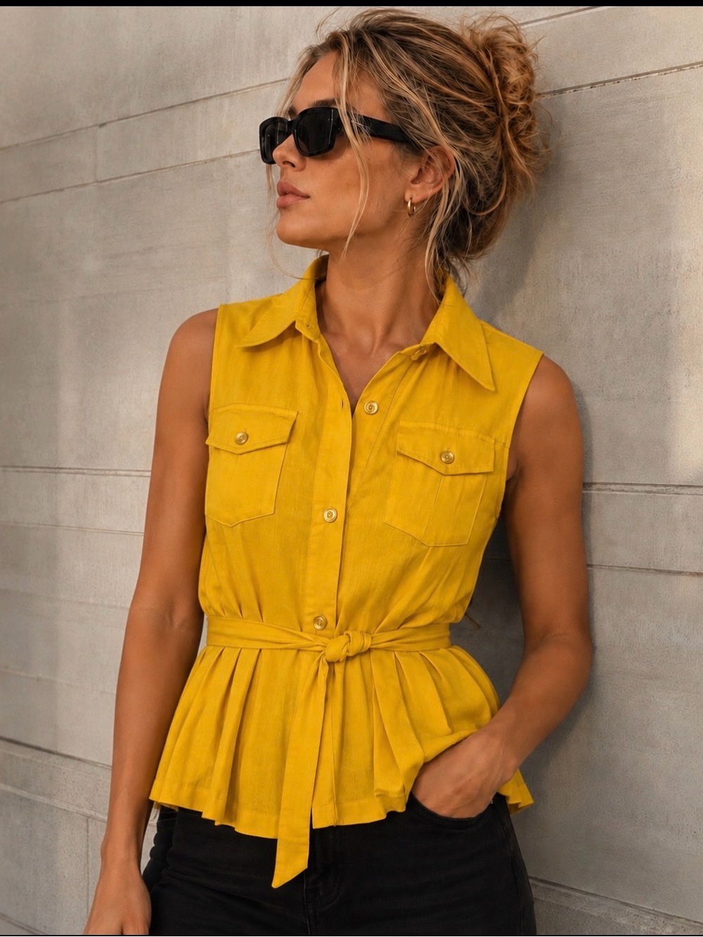 Sandro linen blend sleeveless shirt, pleated peplum, tie waist, size M. EC